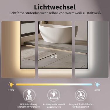 Дзеркало для ванної кімнати LED HOKO Design Turin, овальне, 45x75 см, матовий чорний каркас, сенсорне керування, світлодіодне підсвічування, зміна кольору світла (тепле/холодне/нейтральне), антизапарювання