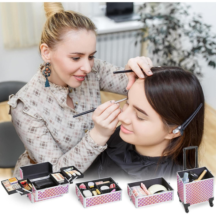 Косметичка-тролей Yaheetech 4-в-1, велика косметичка для макіяжу з замком, рожевий блискучий кейс для перукарів та візажистів з ящиком та колесами