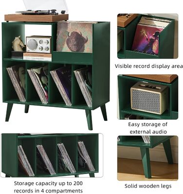 Підставка для платівок велика з місцем для зберігання, для програвачів, 300 альбомів, зелений колір, для музичної кімнати та вітальні
