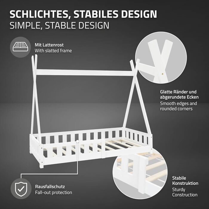 Дерев'яне ліжко-будиночок Tipi ML-Design для дітей 80x160 см з бар'єром та ламелями, з захистом від падіння, з сосни, для дівчаток та хлопчиків, ліжко-намет, індіанське ліжко
