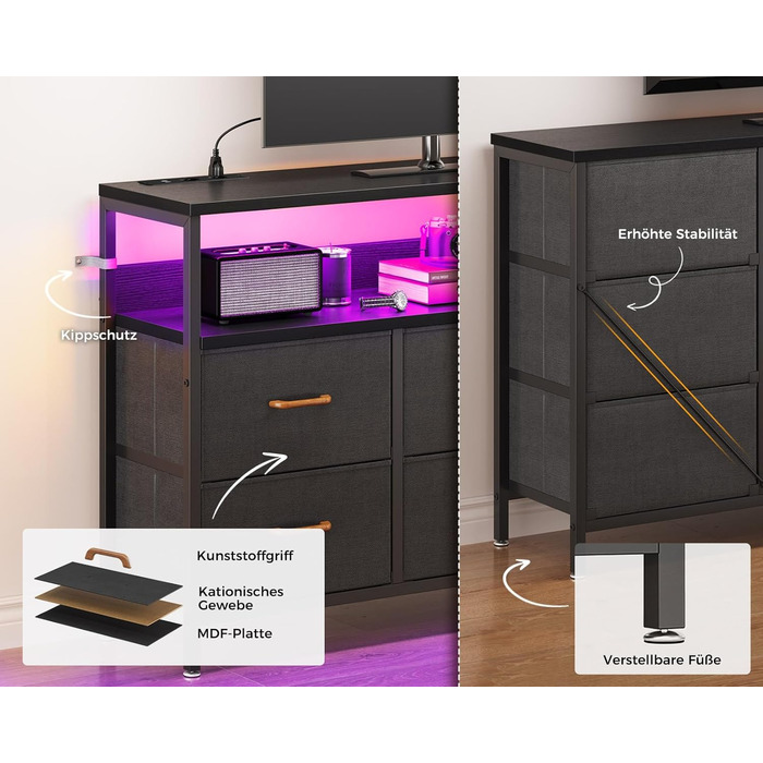 Комод Coleshome з висувними ящиками, світлодіодною підсвіткою, 2 USB та 2 розетки AC, 7 тканинних ящики, для спальні/вітальні, 132*30*89 см, чорний