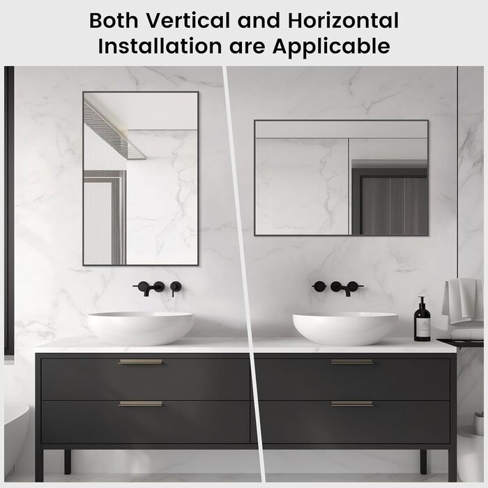 Дзеркало для ванної кімнати HOMECOOKIN, 50.8 x 76.2 см, прямокутне, з металевим каркасом, для встановлення над умивальником, вертикально або горизонтально (Чорний)