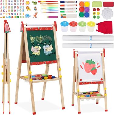 Дитяча мольберт Kinder Staffelei 3 в 1: регульована висота, подвійний бік, з рулоном паперу, 100+ аксесуарів для малювання, для дітей 3-8 років (червоний)
