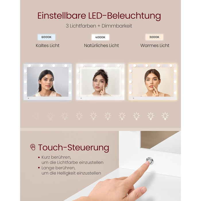 Дзеркальний туалетний столик VASAGLE з пуфом та 10x збільшенням, LED-підсвічуванням, ящиками та станцією для зарядки, 40 x 110 x 135 см, білий