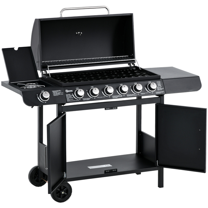 Газовий гриль Outsunny BBQ на коліщатках з 6 пальниками, 1 бічним пальником, шафкою, багатофункціональний, металевий, чорний, 135 x 50 x 100 см | Aosom