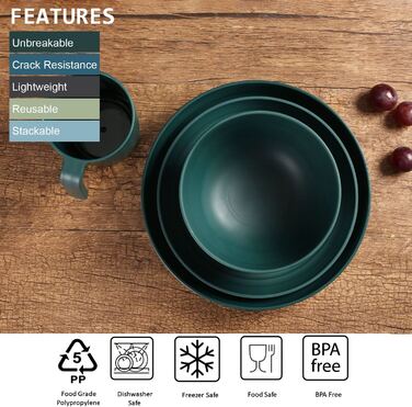 Пластикові набори посуду Greentainer (24 шт.) Легкий і небиткий комплект посуду, Набір тарілок, мисок,чашок,тарілок