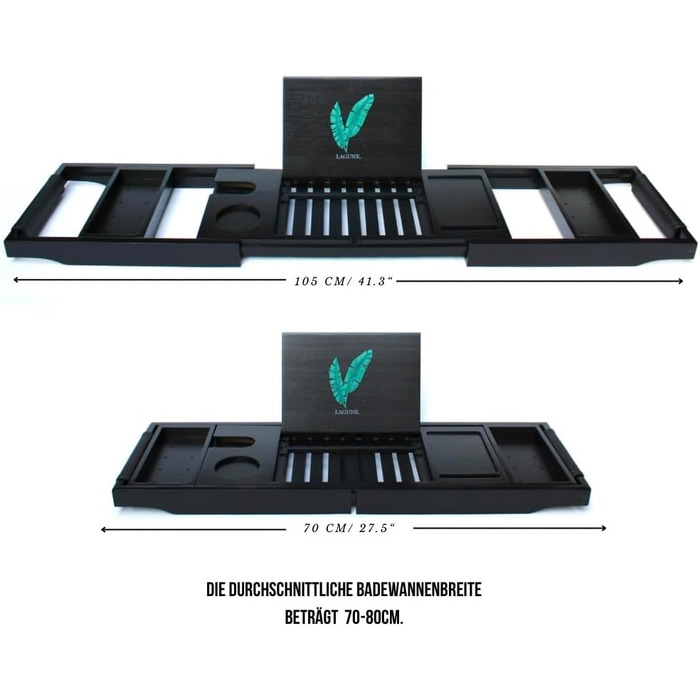 Підставка для ванни Lagune Premium з бамбука (чорна) з шкіряними ручками, для свічок, келихів, книг, планшетів, iPad та телефонів