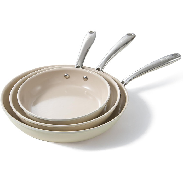 Набір антипригарних сковорідок Redchef, керамічний, 20+24+28 см, без PFAS, PTFE, PFOA, з нержавіючою ручкою, бежевий