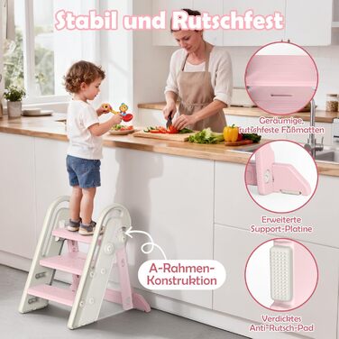 Дитячий підсходильник Onasti Tritthocker, регульована висота, 3 сходинки, з ручками, складний, анти-ковзний, для кухні, ванної кімнати, умивальника та туалету (Сірий) Сіро-білий (Рожевий)