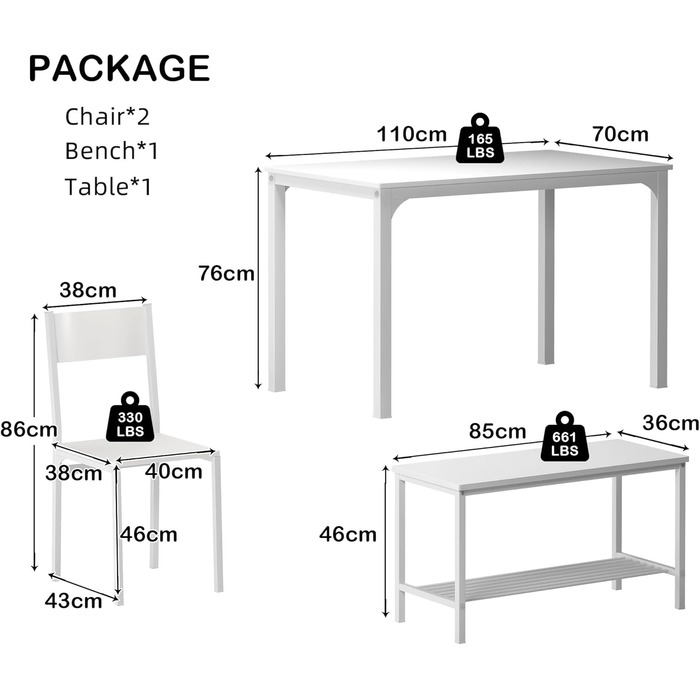 Обідній гарнітур стіл, 2 стільці та лавка, дерево/сталь, білий, для їдальні/кухні, 4 шт.