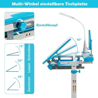 Дитячий письмовий стіл з регулюванням висоти та нахилу зі світлодіодною лампою, підставкою для книг, стільцем та шухлядою (синій)