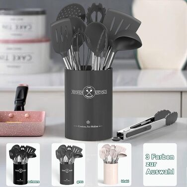 Набір кухонних помічників, 34 шт. Силіконове кухонне приладдя з нержавіючою сталею, стійке до нагріву, з тримачем для посуду, антипригарне, сірий колір