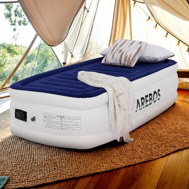 Надувний матрац Arebos | Самостійно надувний матрац 203 × 95 × 51 см для 1 особи | Гостьовий матрац з електричним насосом | Надувний матрац з сумкою для транспортування для кемпінгу/до дому | (Синій/Білий)