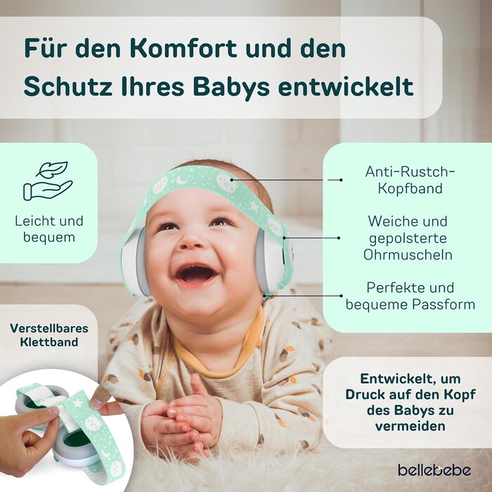 Захист вух BELLEBEBE Baby 0-36 місяців, гіпоалергенний, без бісфенолу А, сертифікований EN352-1 (Verde Menta)