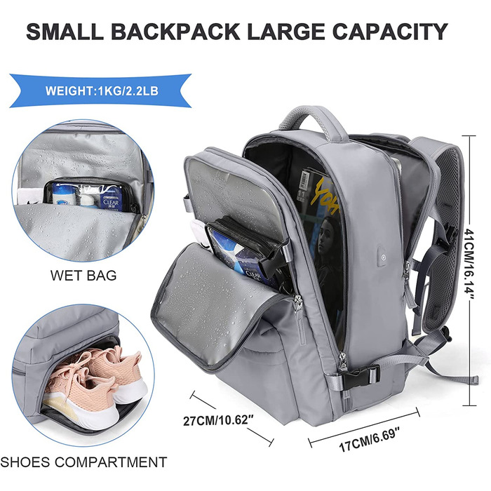 Великий дорожній рюкзак жіночий рюкзак для ручної поклажі чоловічий похідний рюкзак водонепроникний спортивний рюкзак для активного відпочинку повсякденний рюкзак шкільна сумка підходить для ноутбука 14 дюймів з USB-портом для зарядки відділення для взутт