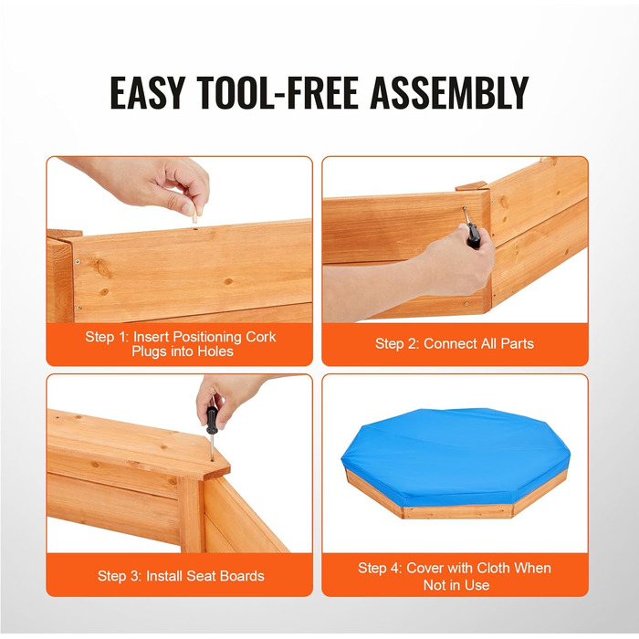 Дерев'яний пісочниця VEVOR з кришкою, восьмигранна пісочниця, пісочниця з 4 місцями для сидіння та підстилкою, дитяча пісочниця для саду, подарунок для хлопчиків та дівчаток віком 3–12 років, дерево + восьмигранна форма