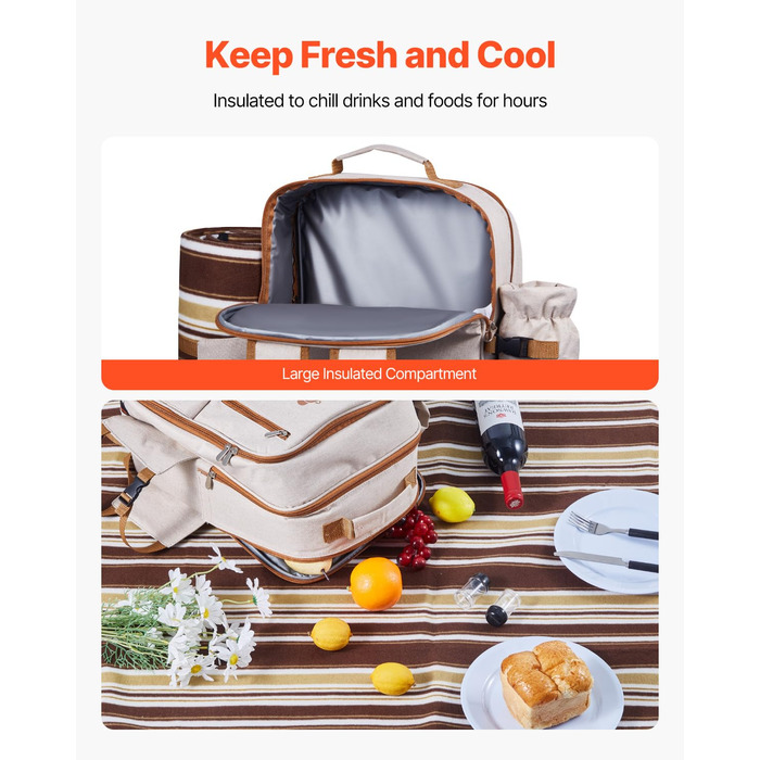 Рюкзак для пікніка VEVOR на 4 особи (20 л) з ізольованим холодильником, підстаканником/для вина та комплектом посуду для кемпінгу та пікніків, бежевий