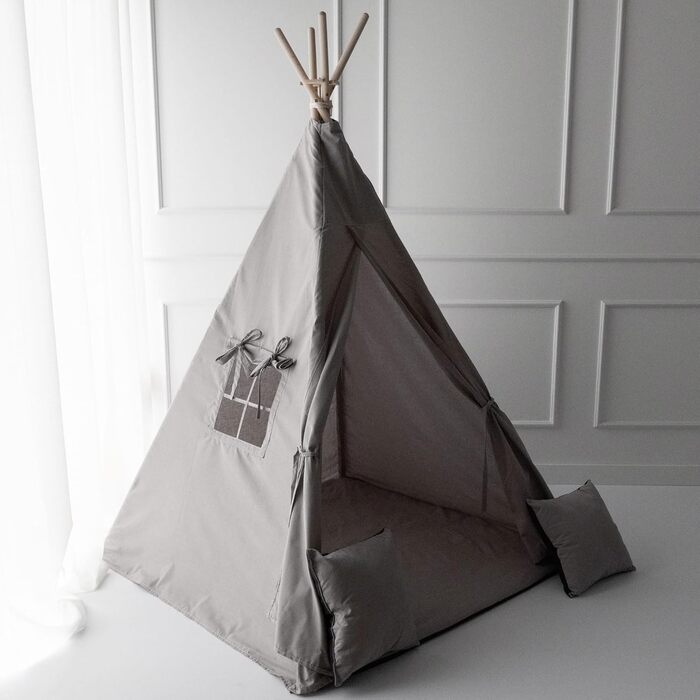 Дитяче намет PaLulli® Tipi з бавовни, матрац, система стабілізації, ліхтар та декоративні подушки (сірий)