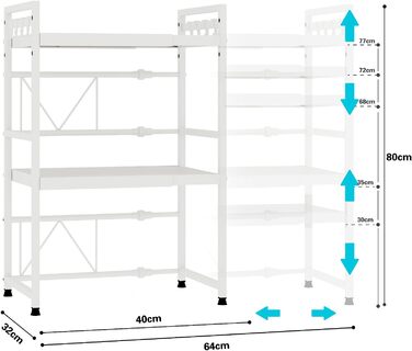 Регульована полиця для мікрохвильової печі, розширювана стійка-організатор для кухні, міцна з вуглецевої сталі, з 8 гачками (3-рівні, білий)