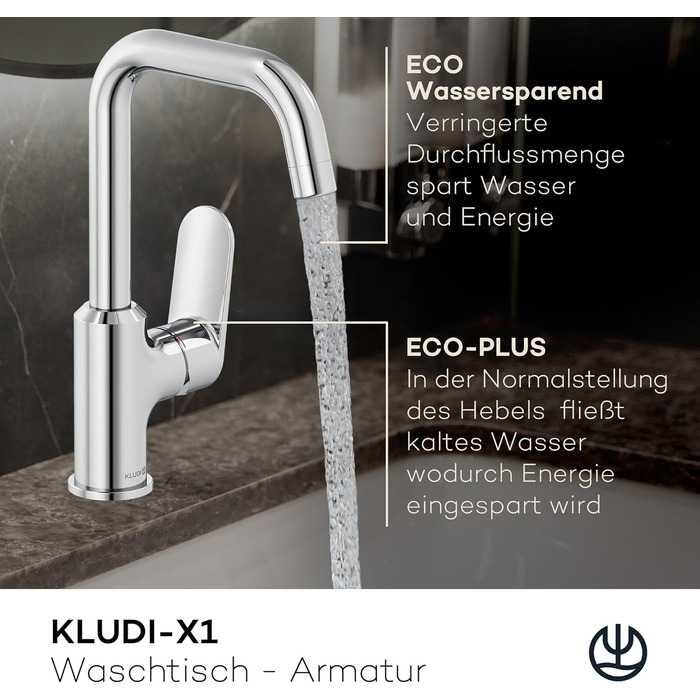 Змішувач для умивальника KLUDI-X1 з витяжним корком, поворотний на 360°, висота виливу 205 мм, водозберігаючий, розмір L, з підключувальними шлангами (без зливної арматури, хром)