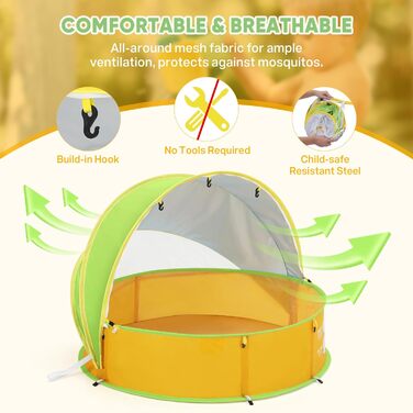 Дитячий басейн-намет Peradix 4-в-1 з UV захистом, басейн для кульок, москітна сітка, портативний, літній, жовто-зелений