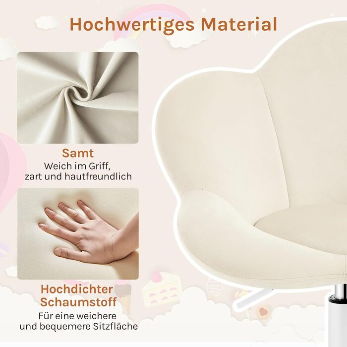 Дитячий стілець WOLTU для столу, комп'ютера, косметичного столика, регульований по висоті, оксамит, бежевий для дитячої кімнати та дому