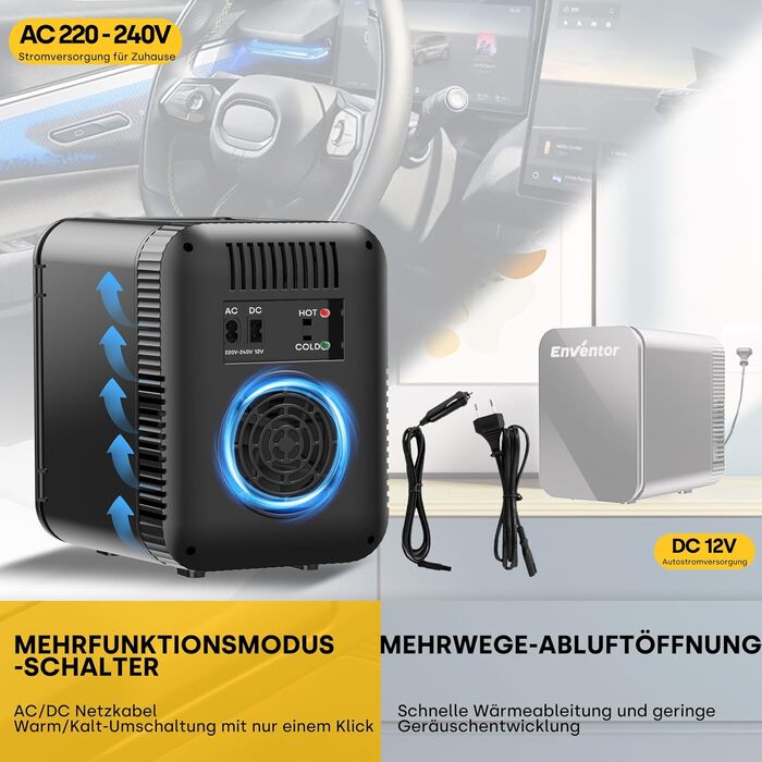 Mini холодильник Enventor 10L: портативний, з подвійним охолодженням, 12V/220V, для авто, спальні, офісу, чорний