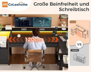 Комп'ютерний стіл Coleshome L-подібний з ящиками, 195x100 см, з розеткою, LED-підсвічуванням та підставкою для монітора, геймінговий стіл, чорний