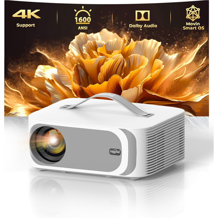 Портативний проєктор Beamer 4K з Dolby Audio, HDR10, WiFi6, Bluetooth 5.4, Auto Fokus, для домашнього кіно та перегляду спортивних подій, білий