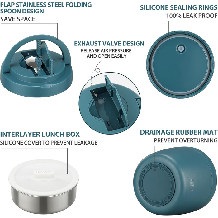 Термоконтейнер для їжі Itslife 970 мл, термоконтейнер з кришкою, з нержавіючої сталі з ложкою, термотермос для їжі, ланч-бокс для супів, дитячого харчування, каші (зелений, світло-блакитний)