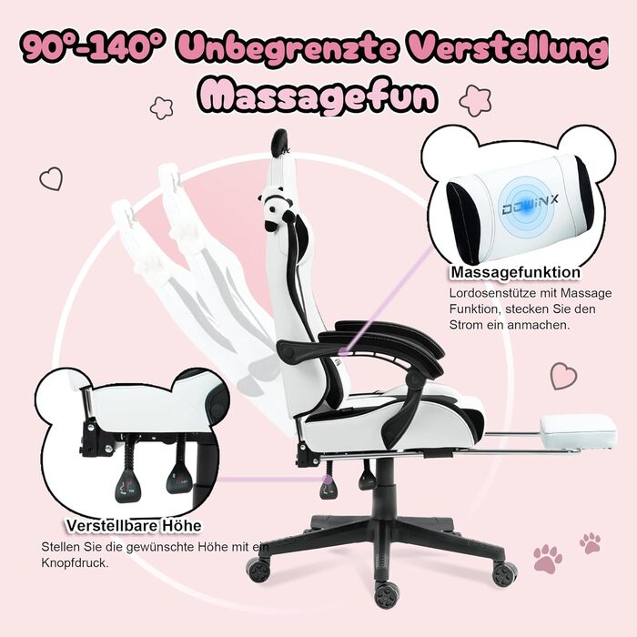 Ігровий крісло Dowinx Panda Edition - ергономічне комп'ютерне крісло з підніжкою, PU-шкіра, поперекова підтримка, чорно-білий дизайн