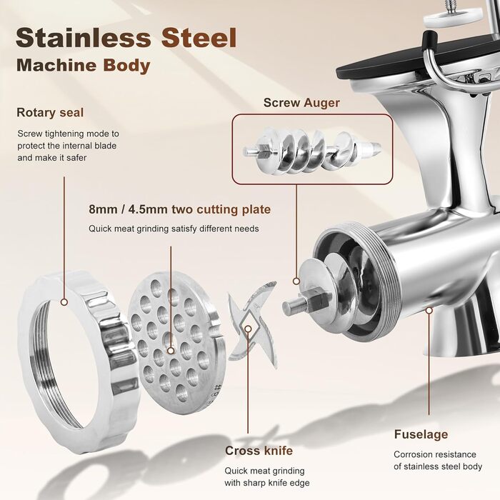 М'ясорубка ручна Hanchen з нержавіючої сталі з присоскою, насадкою для ковбас та 2 дисками, посудомийна, для м'яса та овочів