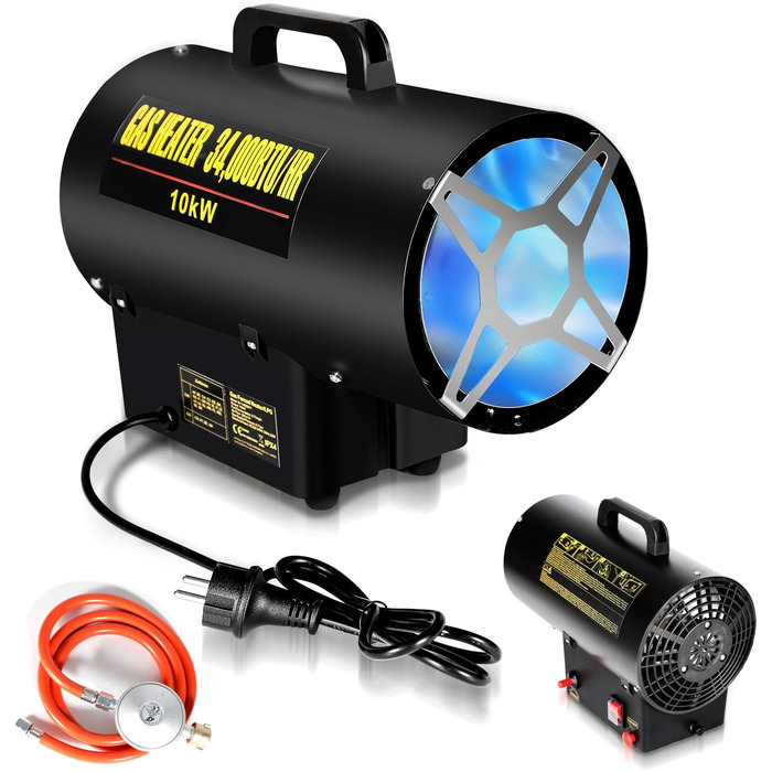 Газовий нагрівач для приміщень Ikodm 10kW 220V: газовий нагрівач, газовий обігрівач, газовий нагрівач-вентилятор, пропановий нагрівач, 320 м³/год, з газовим шлангом 1,2м та редуктором 700 мбар