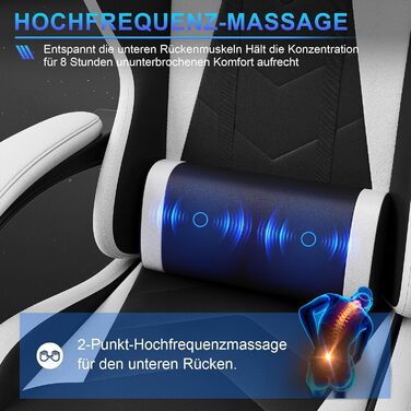 Ігровий крісло JUMMICO з масажем, ергономічний офісний стілець з підпоркою для попереку, регульована спинка 90-135°, підставка для ніг, максимальне навантаження 150 кг (білий, компактний)