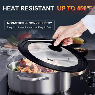 Універсальна кришка для каструль та сковорідок Walfos зі скляним куполом та силіконовим обідком, Ø 33, 36, 38 см, термостійка, чорна