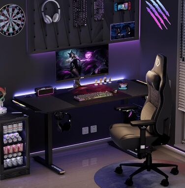 Ігровий стіл ULTRADESK Level V2 LED RGB з електричним регулюванням висоти Внутрішня пам'ять на 2 налаштування Подовжувач, килимок для миші розміру XXL Сталева рама, червона накладка, 140x68 см