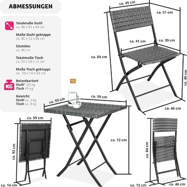 Набір меблів для балкона або садового бістро tectake з ротанга, група для сидіння з 2 стільцями та 1 маленьким обіднім столом, компактний складний, садові меблі, балконні меблі Маленький балкон - сірий сірий No 403197