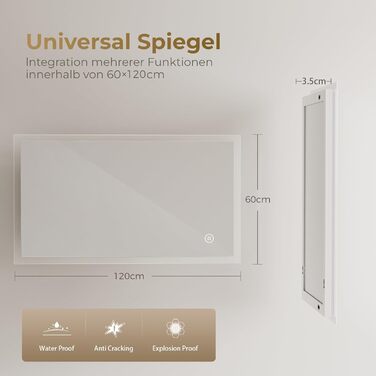 Дзеркало для ванної кімнати з підсвічуванням LED 120x60 см, велике, диммер, сенсорний вимикач, вертикальна/горизонтальна монтаж, 6500K (холодне біле світло)