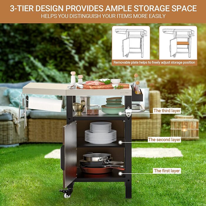 Столик для гриля Onlyfire, візок для барбекю з великою робочою поверхнею, з відкидними бічними полицями, з нержавіючої сталі, 143.5 x 56 x 91 см, двостулковий