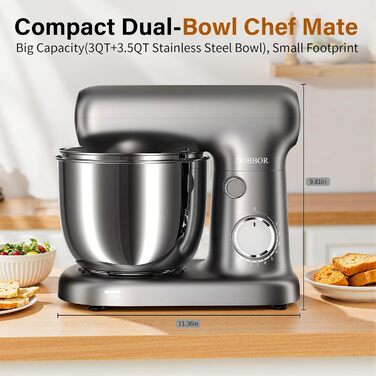 Кухонна машина-міксер з двома чашами 2.5L+3L, 10 швидкостей, 1500W, з гаком для тіста та насадкою для збивання, для випічки та щоденного приготування їжі (сріблясто-сірий)