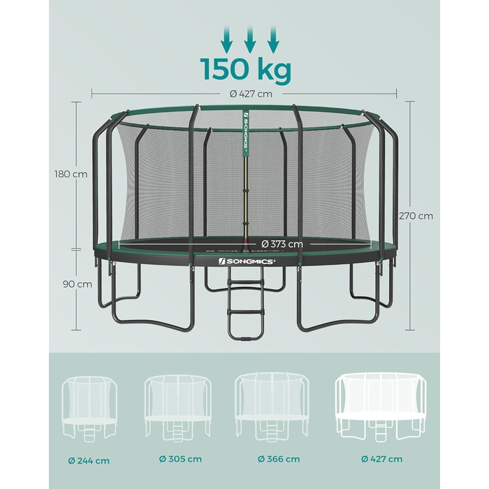 Батут SONGMICS вуличний Ø427 см з захисною сіткою та драбиною, чорно-зелений