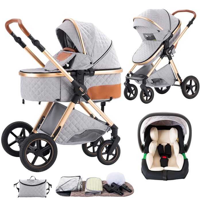 Дитяча коляска Shineey 3 в 1, шасі з алюмінієвої сплави, сірий колір (H2 GREY)