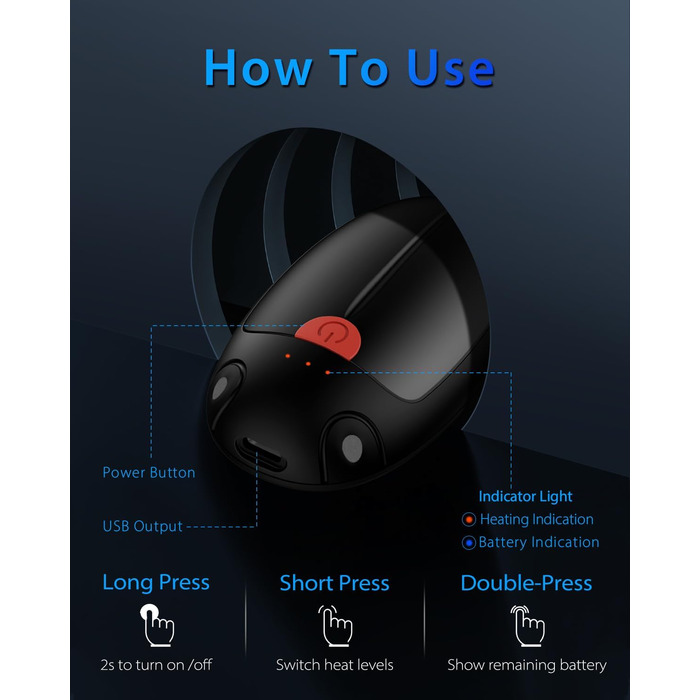 Електричні грілки для рук VTHW, 2 шт. - перезаряджаються, 20 годин тепла, 3 температурні режими, USB, для спорту та Raynaud's/артрит (чорний)