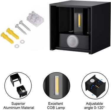 Klighten Зовнішня лампа з датчиком руху 12W, IP65, 3000K тепле біле світло, для внутрішнього та зовнішнього використання, регульований світловий потік, чорний колір