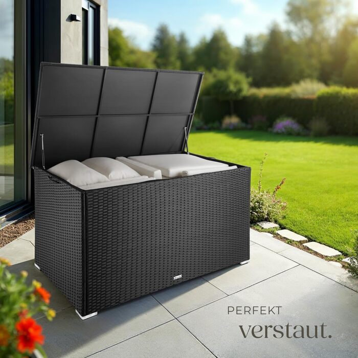 Скриня для зберігання садових речей Tectake з алюмінію та ротангу, 750л, чорна - водонепроникна, з газовими амортизаторами, стійка до УФ-випромінювання та іржі (145x82,5x79,5 см)