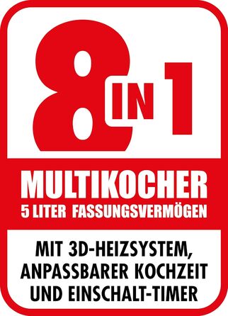 Багатофункціональна плита 8 в 1 із попередньо встановленими програмами, 5 літрів, 3D-система нагріву та функція збереження тепла, 42527