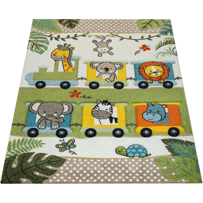 Домашній дитячий килим Paco, різнокольорові зелені тварини зоопарку, локомотив, поїзд, джунглі, 3-D ефект з коротким ворсом, розмір 120x170 см (80x150 см)
