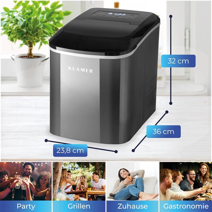 Льодогенератор KLAMER компактний з лопаткою, 2 розміри льоду, 10 кубиків за 7 хв, 15 кг/добу, тихий, з таймером, чорний 2.1л