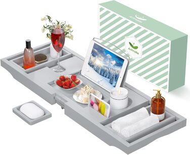 Підставка для ванни Artmalle, складана бамбукова підставка для ванни з тримачем для книги та келиха, безкоштовна мильниця, для розслаблення та читання, натуральний бамбук (сірий, складна)