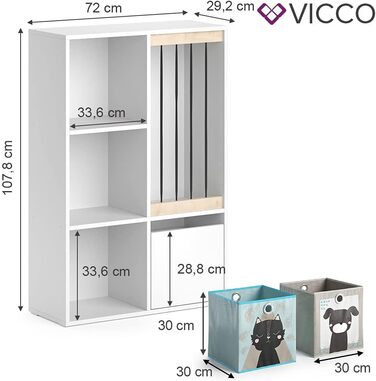 Полиця дитяча Vicco Luigi, біла, 72 x 107,8 см з 2 відкидними коробками Opt.5 (72x96 зі складними коробками лев/крокодил)